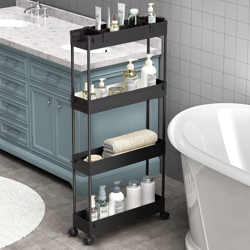 SPACELEAD Slim Storage Cart 4 TierBathroom Organizer Rolling UtilityMobile Shelving Unit Slide Out for Office Kitchen Laundry Room  Narrow PlacesBlack