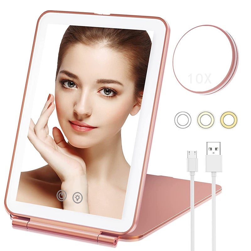 Led Folding Makeup Mirror With Light Rechargeable Flip Flat Mirror Portable Folding Mirror Fill Light Two-Sided Makeup Mirror - Image 2