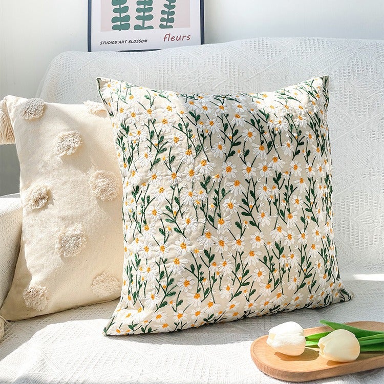 Embroidery Daisy Floral Pillow Cover - Image 1