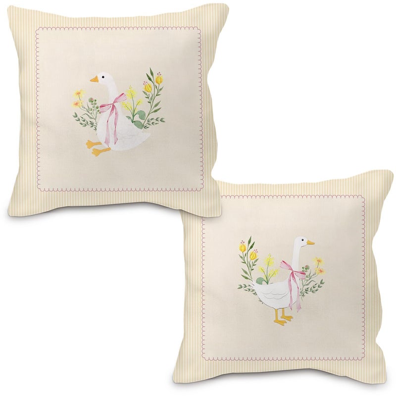 Nvotell Coquette Pink Bow Floral Goose Pillow Covers 18x18, Goose Nursery Decor, Vintage Flower Cute Geese Decorative Throw Pillow Case Covers for Baby Little Girls Room Bedroom, Set of 2 - Image 1