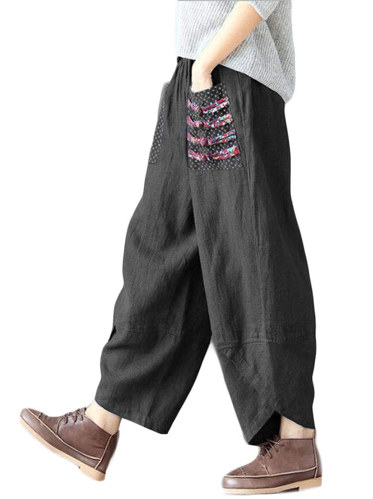 Minibee Women's Baggy Linen Wide Leg Trousers Casual Patchwork Elastic Waist Harem Pants Black XL - Image 3