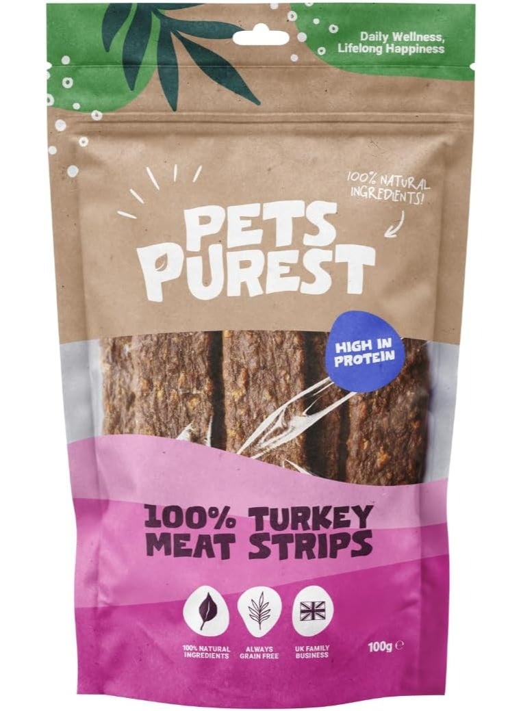 Pets Purest Turkey Dog Treats, Air-Dried Turkey Meat Strips - 100% Natural Dog Chews, Grain Free, Raw, Low Fat Dog Treats Suitable for Puppy & Senior - 100g - Image 1