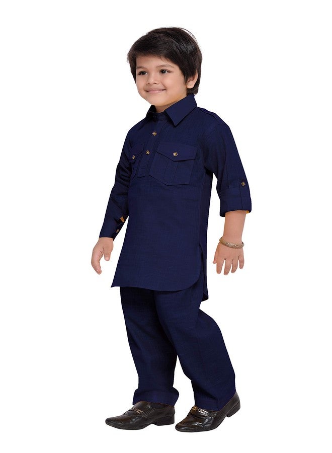 AJ DEZINES Kids Cotton Full Sleeve Solid Blue Pathani Suit Set for Boys - Ethnic Wear | Traditional | Festival Wear for boys - Regular Fit - Image 4