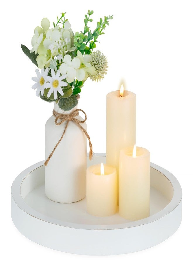 Hanobe Decorative Tray for Table Centrepiece: Minimalist Round Candle Plate for Living Room Coffee Table Ottoman - 28cm White Wooden Trays for Home Decors - Image 1