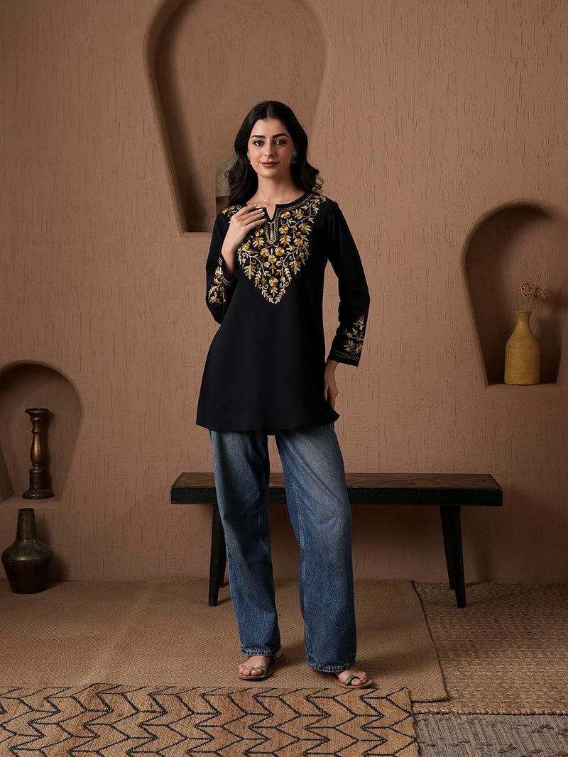 QAZMI Women's Kashmiri A-Line Full Sleeves Viscose Rayon Black Flared Short Kurti_S - Image 4