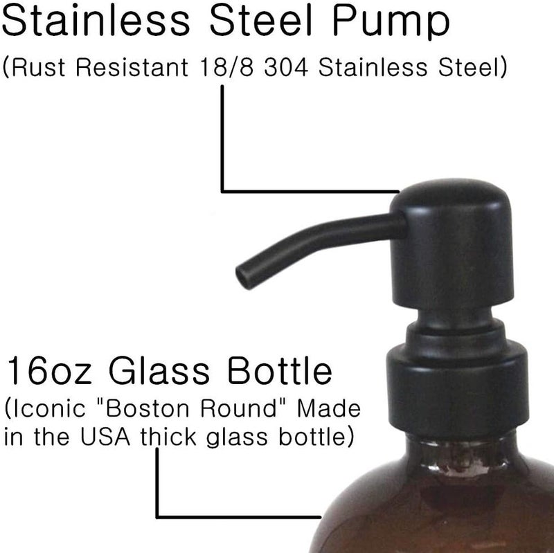 CHBJDAN 2 Pack Thick Amber Glass Pint Jar Soap Dispenser with Matte Black Stainless Steel Pump, 16ounce Boston Round Bottles Dispenser with Rustproof Pump for Essential Oil, Lotion Soap - Image 3
