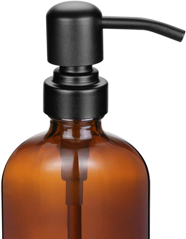 CHBJDAN 2 Pack Thick Amber Glass Pint Jar Soap Dispenser with Matte Black Stainless Steel Pump, 16ounce Boston Round Bottles Dispenser with Rustproof Pump for Essential Oil, Lotion Soap - Image 2