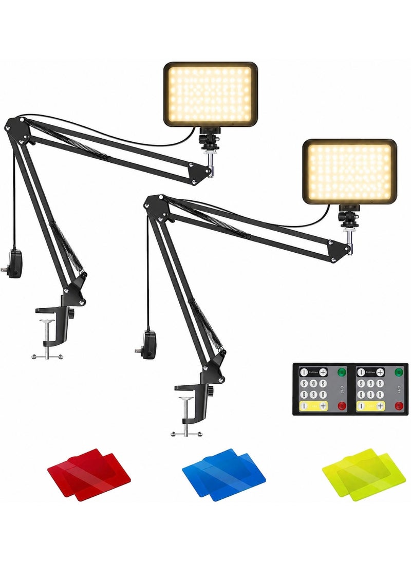 XiuWoo 2-Pack LED Video Light Kit, Dimmable 3200K-5600K Desktop Photography Lights with Clamp Scissor Arm Stand, Remote Control, Soft Light Covers and 3 Color Filters for Livestream, Product Photo, Video Call - Image 1