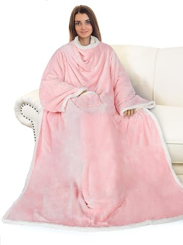 Catalonia Sherpa Wearable Blanket with Sleeves ArmsSuper Soft Warm Comfy Large Fleece Plush Sleeved TV Throws Wrap Robe Blanket for Adult Women and Men Pink