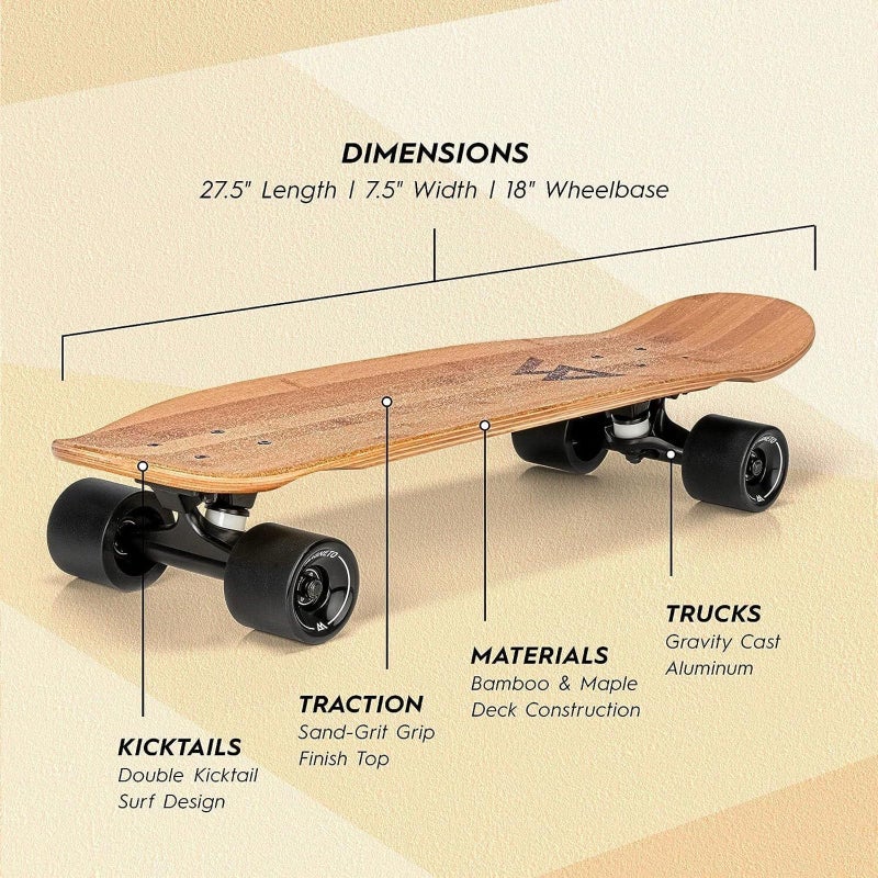 Magneto Mini Cruiser Skateboard - Portable Bamboo Mini Longboard - Double-Kick Concave Carving Skateboard - 27.5 in x 7.5 in Deck, Bamboo - Image 2