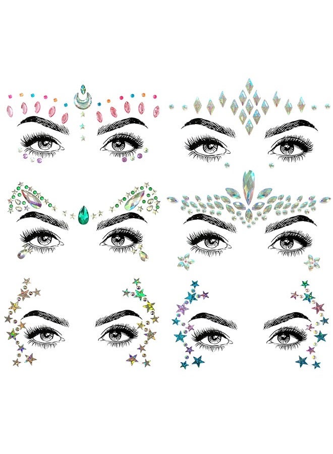 SHINEYES 6 Pcs Music Festival Face Jewels, Rhinestone Rave Face Gems Glitter,Crystal Birthday Party Festival Face Sticker, Eyes Face Body Temporary Tattoos for Festival Party - Image 1