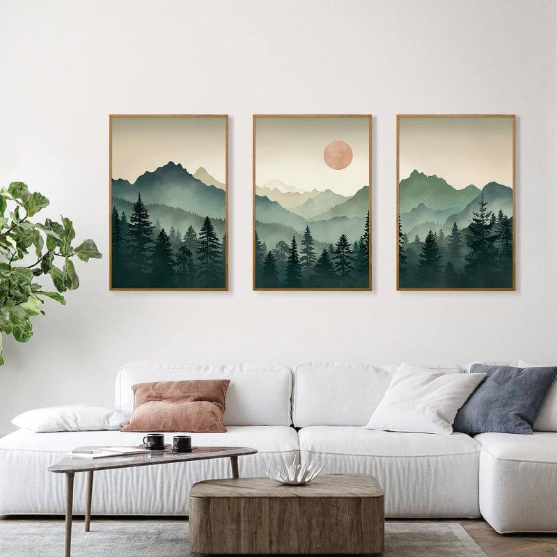 SIKERIC Sage Green Boho Mountain Wall Art, Large Modern Sunrise Framed Canvas Art Prints Set of 3, Nature Landscape Wall Decor, Watercolor Misty Forest Wall Paintings for Living Room, Bedroom- 16X24in - Image 3