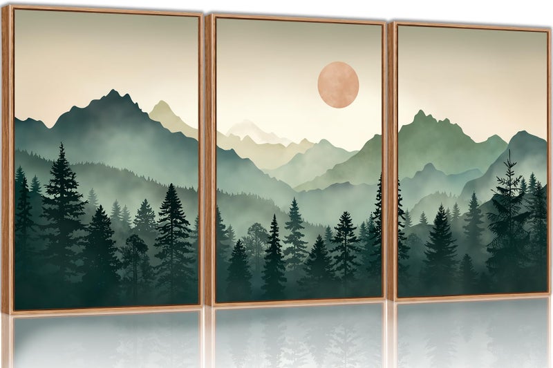 SIKERIC Sage Green Boho Mountain Wall Art, Large Modern Sunrise Framed Canvas Art Prints Set of 3, Nature Landscape Wall Decor, Watercolor Misty Forest Wall Paintings for Living Room, Bedroom- 16X24in - Image 1