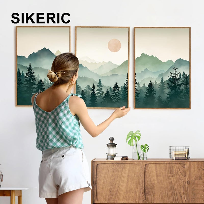 SIKERIC Sage Green Boho Mountain Wall Art, Large Modern Sunrise Framed Canvas Art Prints Set of 3, Nature Landscape Wall Decor, Watercolor Misty Forest Wall Paintings for Living Room, Bedroom- 16X24in - Image 2