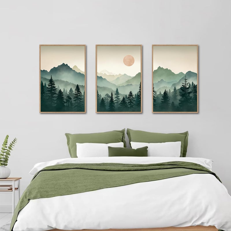 SIKERIC Sage Green Boho Mountain Wall Art, Large Modern Sunrise Framed Canvas Art Prints Set of 3, Nature Landscape Wall Decor, Watercolor Misty Forest Wall Paintings for Living Room, Bedroom- 16X24in - Image 5