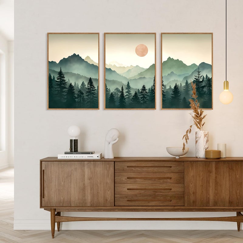 SIKERIC Sage Green Boho Mountain Wall Art, Large Modern Sunrise Framed Canvas Art Prints Set of 3, Nature Landscape Wall Decor, Watercolor Misty Forest Wall Paintings for Living Room, Bedroom- 16X24in - Image 4