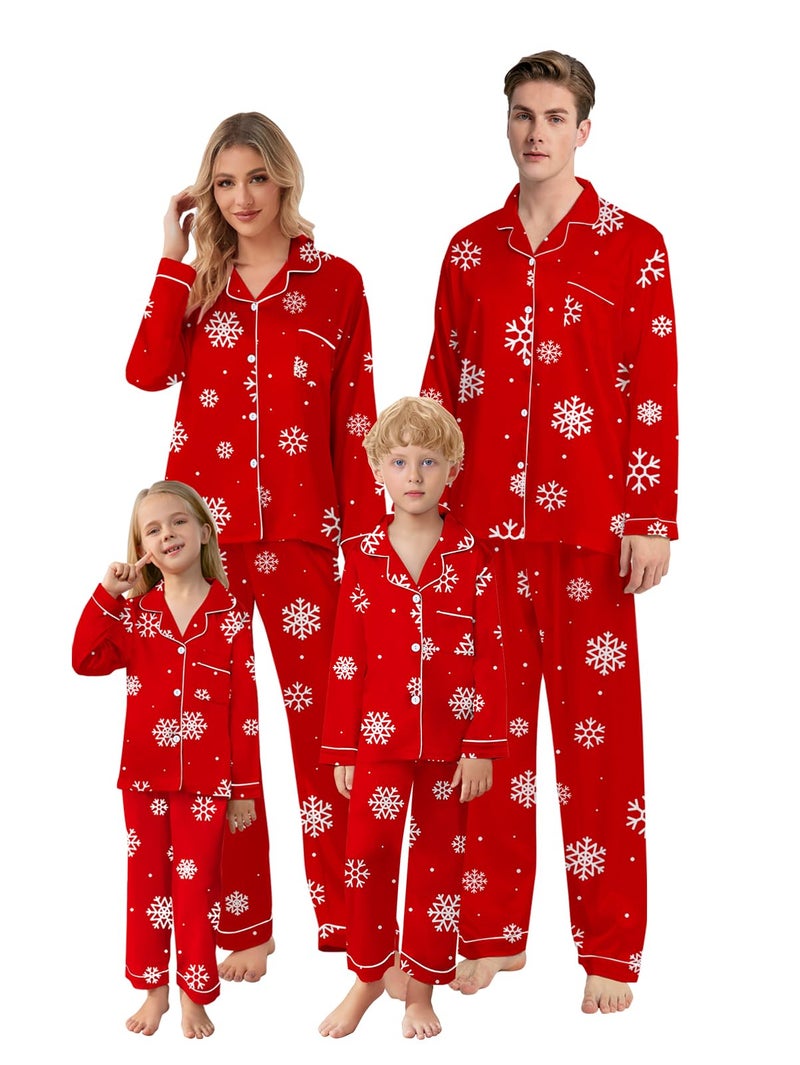 Schbbbta Christmas Family Pajamas Matching Sets Silk Satin Long Sleeve Pj Set Sleepwear Loungewear Red Snow XXLarge