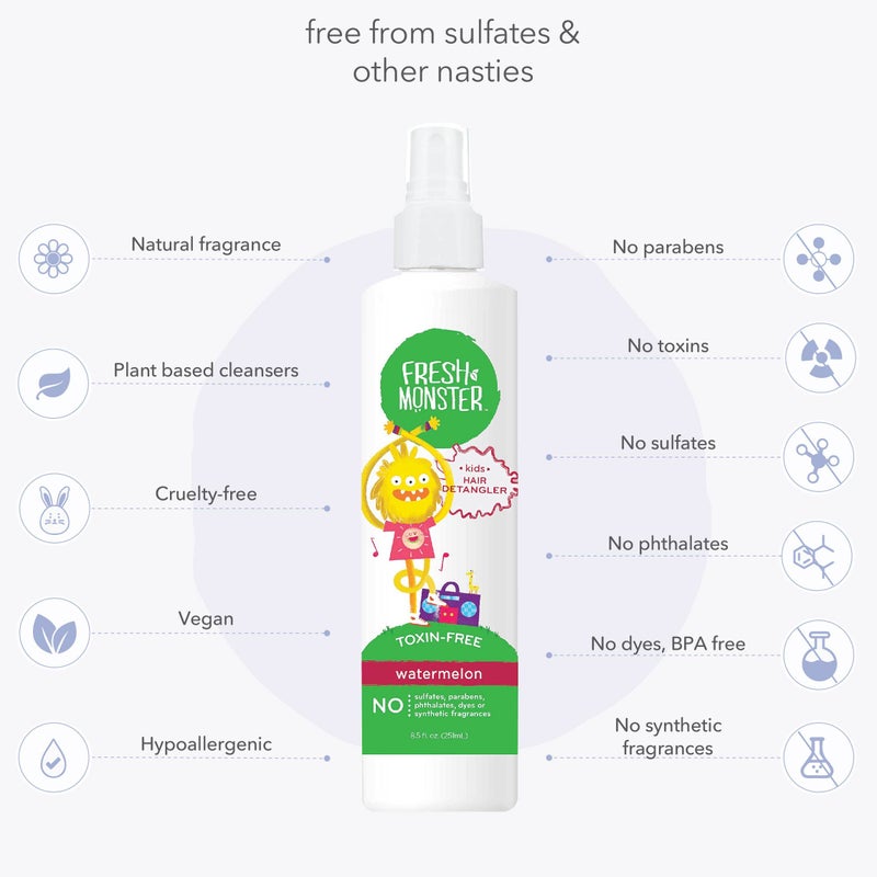 Fresh Monster Kids Detangler Spray, Toxin-Free, Hypoallergenic & Natural, Hair Conditioning Spray for Kids, Watermelon (2 Pack, 8.5oz/each) - Image 4