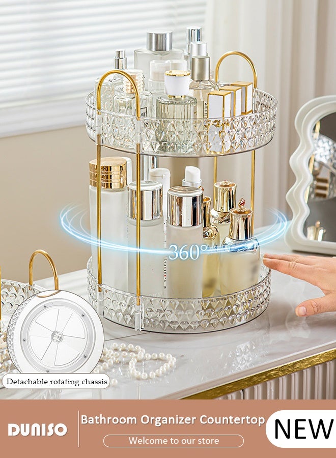 DUNISO منظم مكياج دوار منظم سطح الحمام 2 طبقة رف تجميل دوار تخزين مستحضرات العناية بالبشرة، حامل عطر رف توابل المطبخ لدرج المكياج فرش المكياج أحمر الشفاه مستحضرات التجميل اللوشن - Image 1