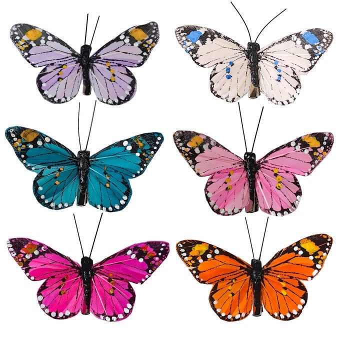 FEATHER BUTTERFLY DECORATIONS SET OF 12 VIBRANT MULTI COLORED CRAFT BUTTERFLIES ON CLIP PARTY SPRING HOME DECOR FLORAL PICS