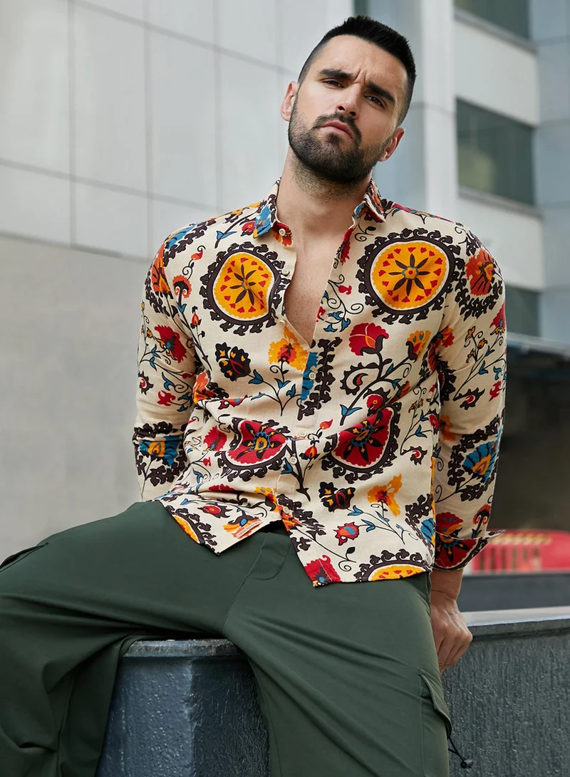 Campus Sutra Campus Sutra Men's Multicolour Ethnic Floral Shirt For Casual Wear | Spread Collar | Long Sleeve | Button Closure | Cotton Shirt Crafted With Comfort Fit For Everyday Wear