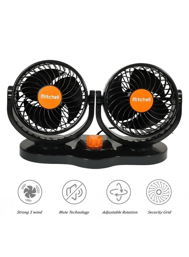 ميتشل مروحة سيارة مزدوجة الرأس 5 بوصة 15 واط DC24V مروحة تبريد مزدوجة قابلة للتعديل مع تحكم بسرعتين، دوران 360 درجة، دوران هواء منخفض الضوضاء، جهاز تبريد مثبت على لوحة القيادة للشاحنات والشاحنات الصغيرة والمركبات الثقيلة - Image 3