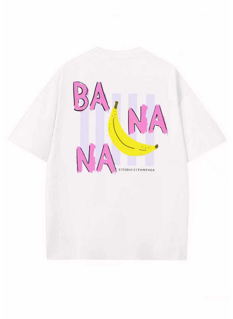 Unisex Casual Crew Neck Short Sleeve T-Shirt with Banana Graphic Print - White - Image 1