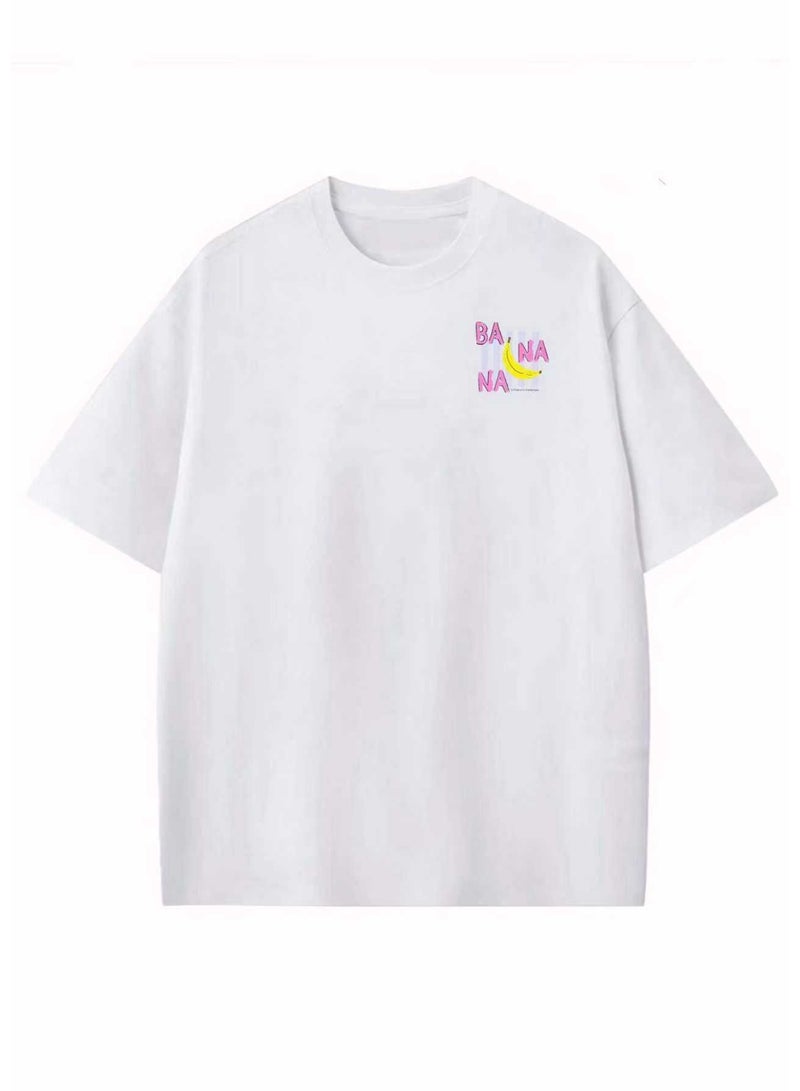 Unisex Casual Crew Neck Short Sleeve T-Shirt with Banana Graphic Print - White - Image 4