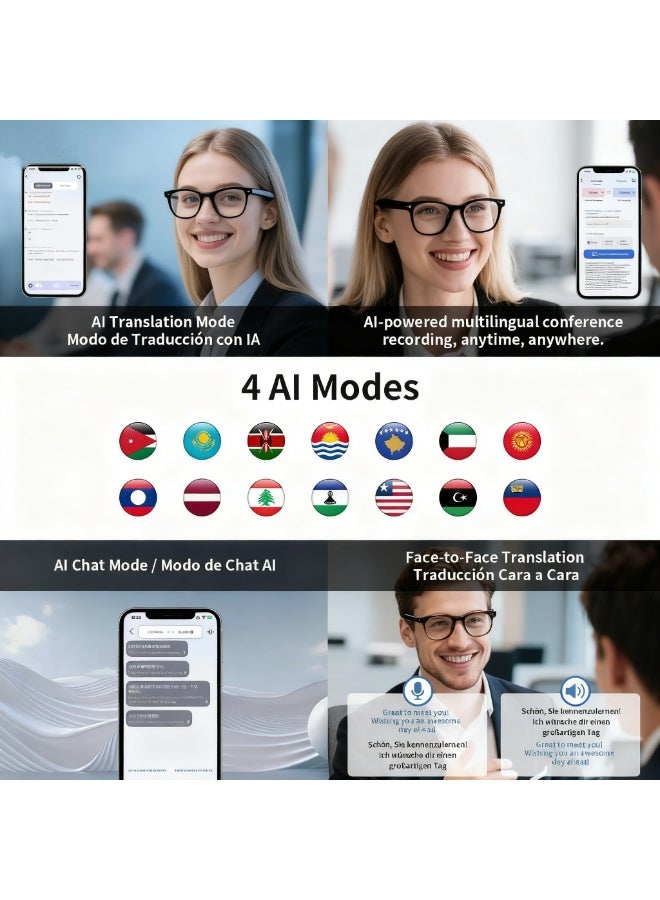 هاهاهاي نظارات بلوتوث ذكية بتقنية الذكاء الاصطناعي مع ترجمة صوتية فورية (144 لغة) | مكالمات وتسجيل لاسلكي بدون استخدام اليدين | للسفر، والأعمال، والاجتماعات، والقيادة - أسود - Image 4