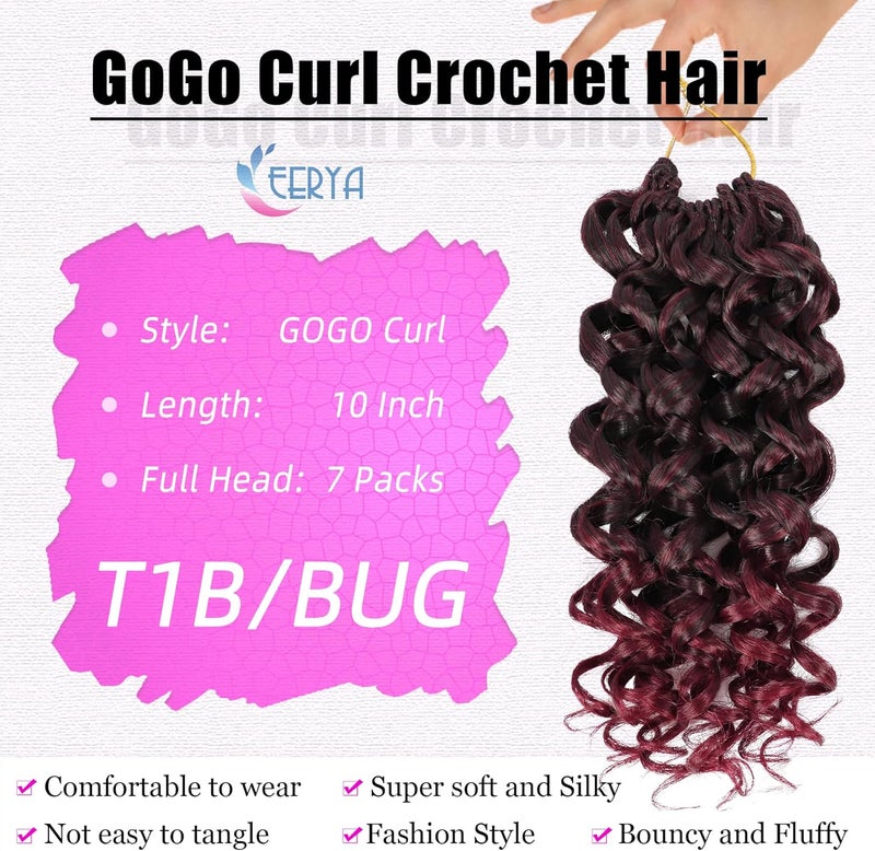Eerya 7 Packs GoGo Curl Crochet Hair 10 Inch Red Burgundy Short Curly Crochet Hair for Women Beach Curl Water Wave Deep Twist Crochet Braids Synthetic Braiding Hair Extensions (10 Inch, T1B/BUG) - Image 3