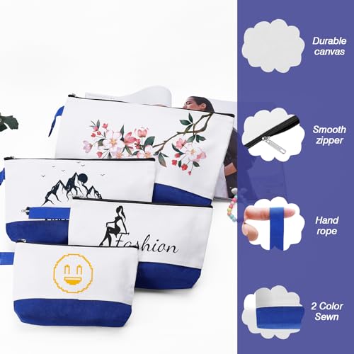 Sinzip 10 Pieces Cotton Canvas Makeup Bag with Bottom and Strap, Multi-Purpose Cosmetic Bag with Zipper Travel Toiletry Pouch, Blank DIY Craft Bag (White&Blue, L) - Image 2