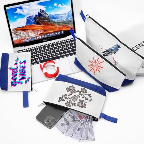 Sinzip 10 Pieces Cotton Canvas Makeup Bag with Bottom and Strap, Multi-Purpose Cosmetic Bag with Zipper Travel Toiletry Pouch, Blank DIY Craft Bag (White&Blue, L) - Image 5