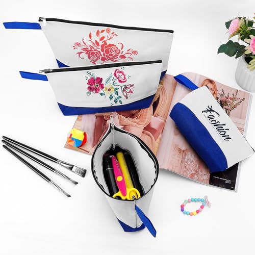 Sinzip 10 Pieces Cotton Canvas Makeup Bag with Bottom and Strap, Multi-Purpose Cosmetic Bag with Zipper Travel Toiletry Pouch, Blank DIY Craft Bag (White&Blue, L) - Image 3