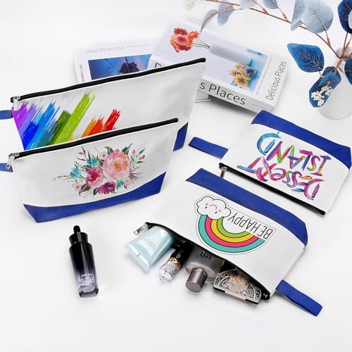 Sinzip 10 Pieces Cotton Canvas Makeup Bag with Bottom and Strap, Multi-Purpose Cosmetic Bag with Zipper Travel Toiletry Pouch, Blank DIY Craft Bag (White&Blue, L) - Image 4