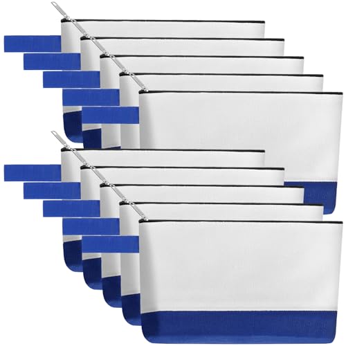Sinzip 10 Pieces Cotton Canvas Makeup Bag with Bottom and Strap, Multi-Purpose Cosmetic Bag with Zipper Travel Toiletry Pouch, Blank DIY Craft Bag (White&Blue, L) - Image 1