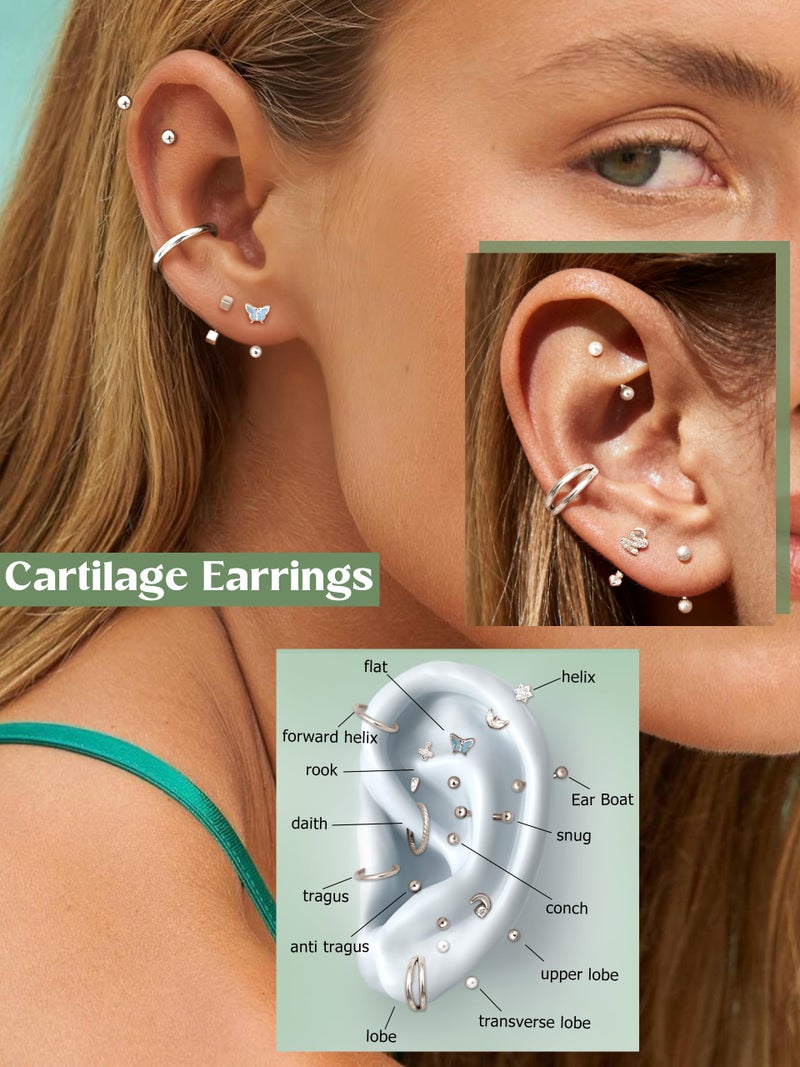 ORAZIO 14 PCS Rook Piercing Jewelry Surgical Steel Eyebrow Piercing 16G Rook Earrings for Women Curved Barbells Eyebrow Rings Belly Lip Ring Cartilage Daith Helix Tragus Body Piercings-14S - Image 2