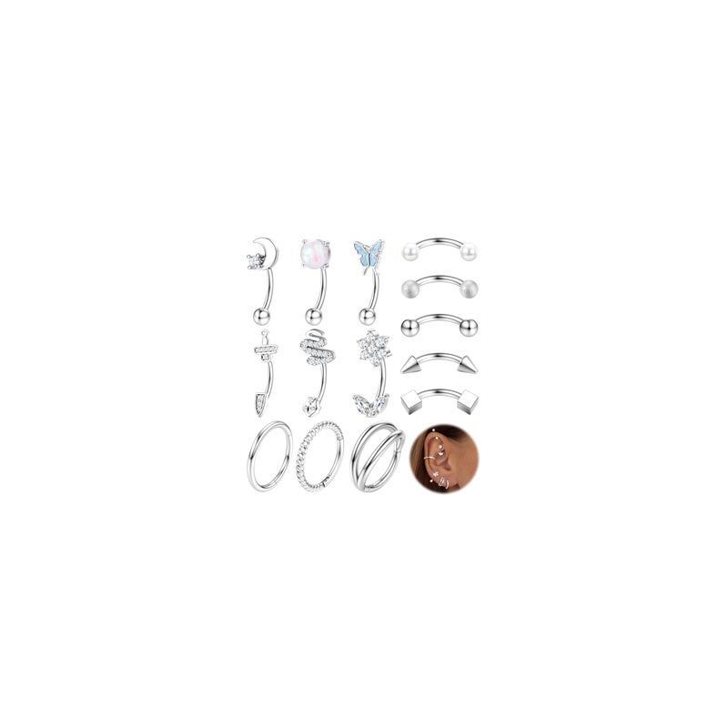 ORAZIO 14 PCS Rook Piercing Jewelry Surgical Steel Eyebrow Piercing 16G Rook Earrings for Women Curved Barbells Eyebrow Rings Belly Lip Ring Cartilage Daith Helix Tragus Body Piercings-14S - Image 1