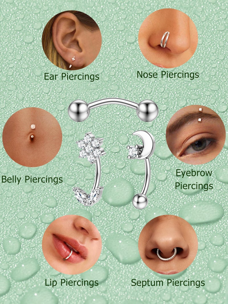 ORAZIO 14 PCS Rook Piercing Jewelry Surgical Steel Eyebrow Piercing 16G Rook Earrings for Women Curved Barbells Eyebrow Rings Belly Lip Ring Cartilage Daith Helix Tragus Body Piercings-14S - Image 4