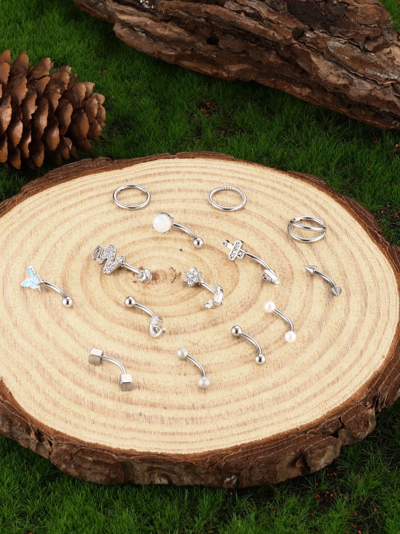 ORAZIO 14 PCS Rook Piercing Jewelry Surgical Steel Eyebrow Piercing 16G Rook Earrings for Women Curved Barbells Eyebrow Rings Belly Lip Ring Cartilage Daith Helix Tragus Body Piercings-14S - Image 5