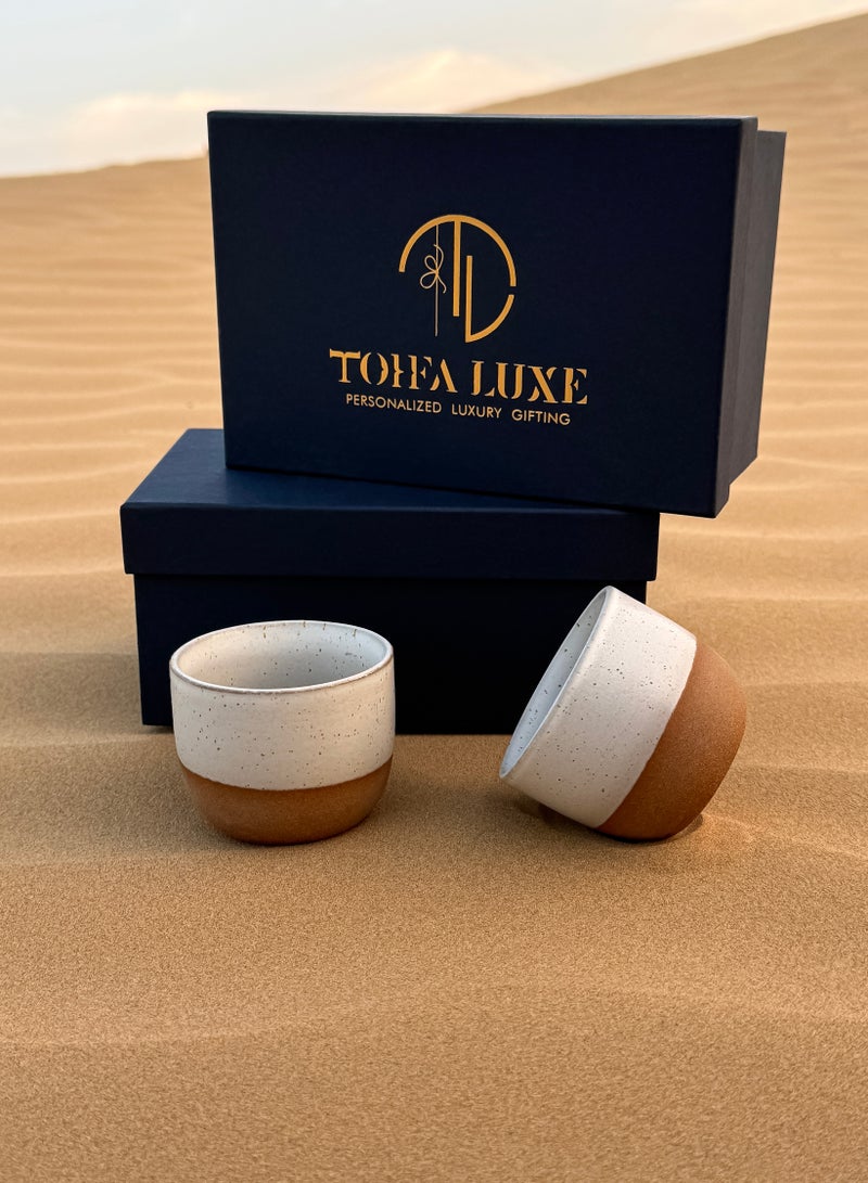Tohfa luxe Madina Ceramic Cup Set – 2 Handmade Cups, 120 ml Each, White with Natural Clay Accents, Artisan Craftsmanship, Gift-Ready Packaging, Elegant Tea & Coffee Drinkware - Image 1