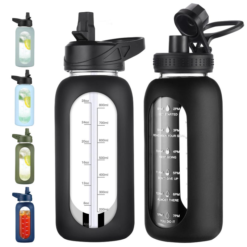 EALGRO 32 oz Glass Water Bottle with Straw and Handle, Sports Motivational Water Flask with Silicone Sleeve, Large Leakproof Water Flask Cup with Time Marker for Travel, Gym, Black - Image 1