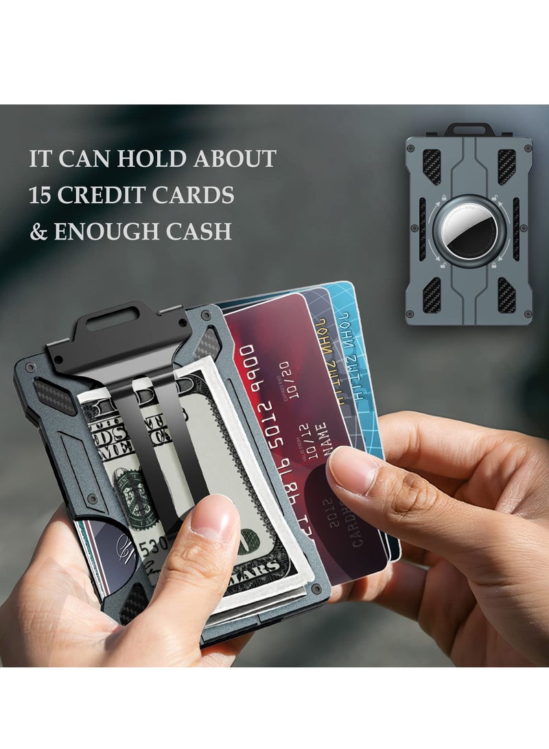 KASTWAVE Credit Card Holder with AirTag Keyring Wallet, Men's RFID Blocking Aluminum Metal Money Clip with 15 Cards Capacity Cash Clip Dad Gifts, Grey ( Airtag Not Included)  - Image 3