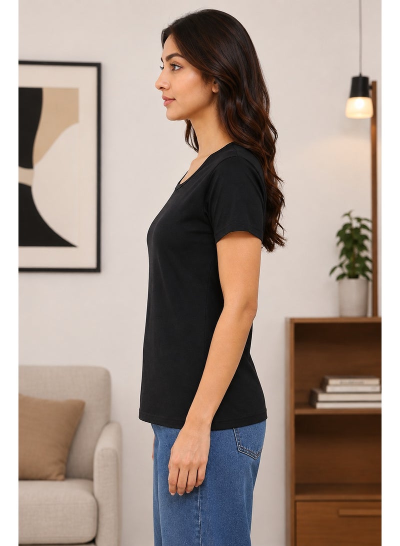 RSO Outfits Regular Fit Solid Cotton Half Sleeves Round Neck Women's T-Shirt Black - Image 2