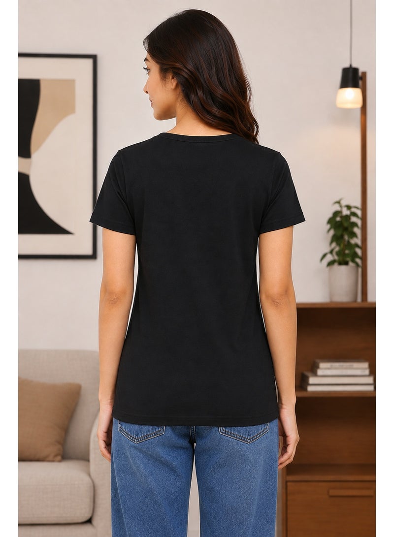 RSO Outfits Regular Fit Solid Cotton Half Sleeves Round Neck Women's T-Shirt Black - Image 3