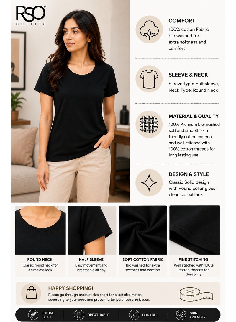 RSO Outfits Regular Fit Solid Cotton Half Sleeves Round Neck Women's T-Shirt Black - Image 5
