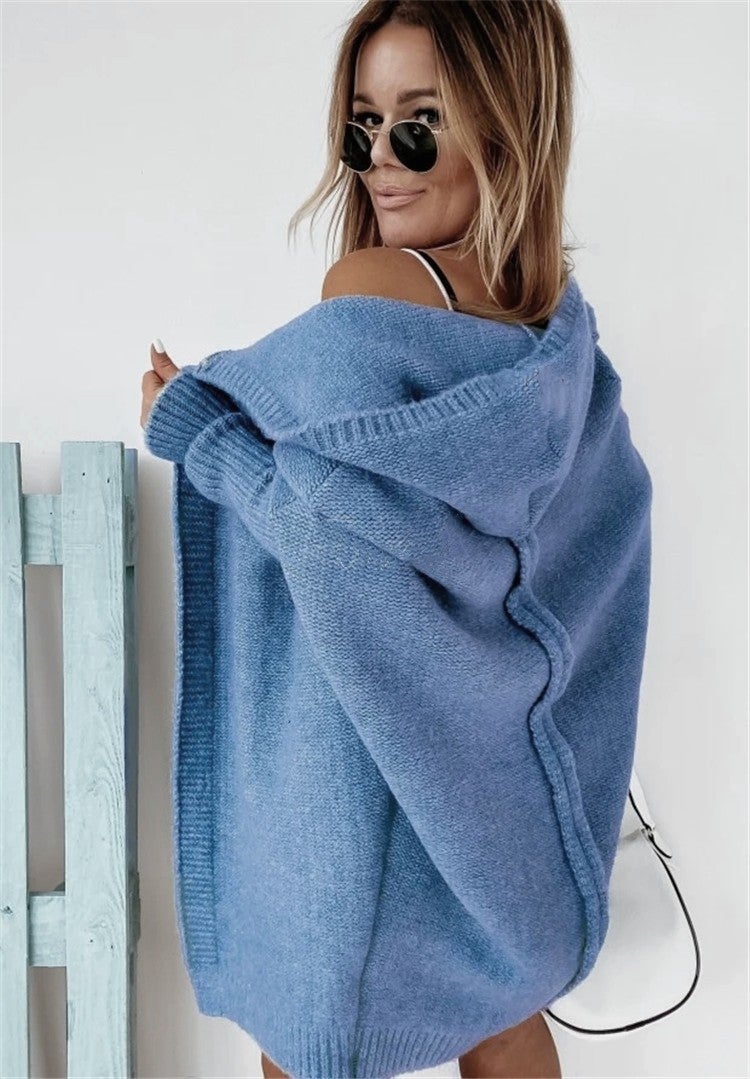 2024 New Knit Hoodie Soft Batwing Loose Sweater cowboy blue 