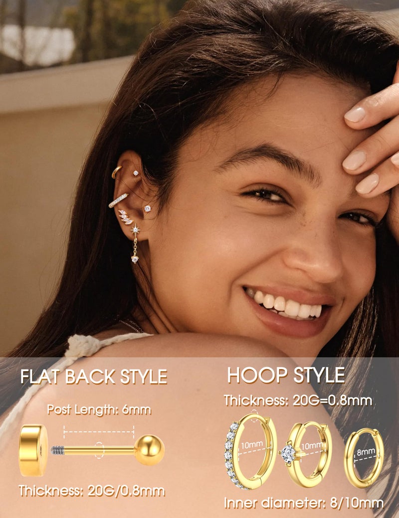 YADOCA 20G Helix Piercing Jewelry Flat back Cartilage Earrings for Women Hypoallergenic Surgical Steel Gold Cartilage Hoop Earring Set Daith Tragus Conch Flat Back Stud Earrings - Image 4