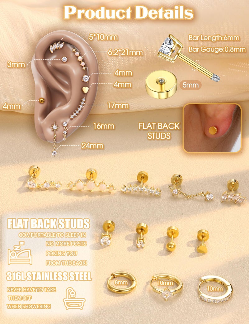 YADOCA 20G Helix Piercing Jewelry Flat back Cartilage Earrings for Women Hypoallergenic Surgical Steel Gold Cartilage Hoop Earring Set Daith Tragus Conch Flat Back Stud Earrings - Image 3