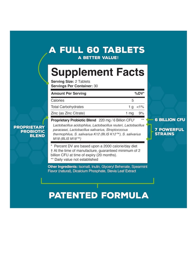 Great Oral Health Dentist Formulated 60 Tablet Bottle~Attack Bad Breath, Cavities And Gum Disease ~ Bad Breath Treatment ~Contains BLIS M18 and BLIS K12~Mint Flavor~83 Page eBook Included!  - Image 2