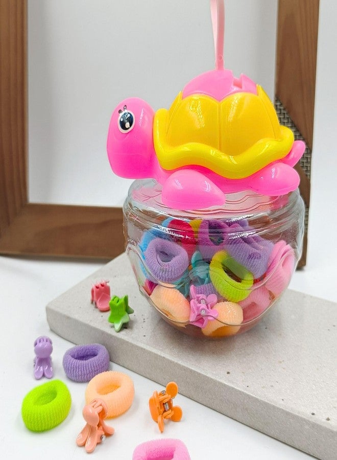 FHF Kids Hair Accessories | Small Hair Clips and Rubber Band for Kids | Hair Accessories Set for Girl with Tiny Clips & Ponytail Holders with Cute Turtle Shape Storage Box (Yellow, 40-Pcs) - Image 2